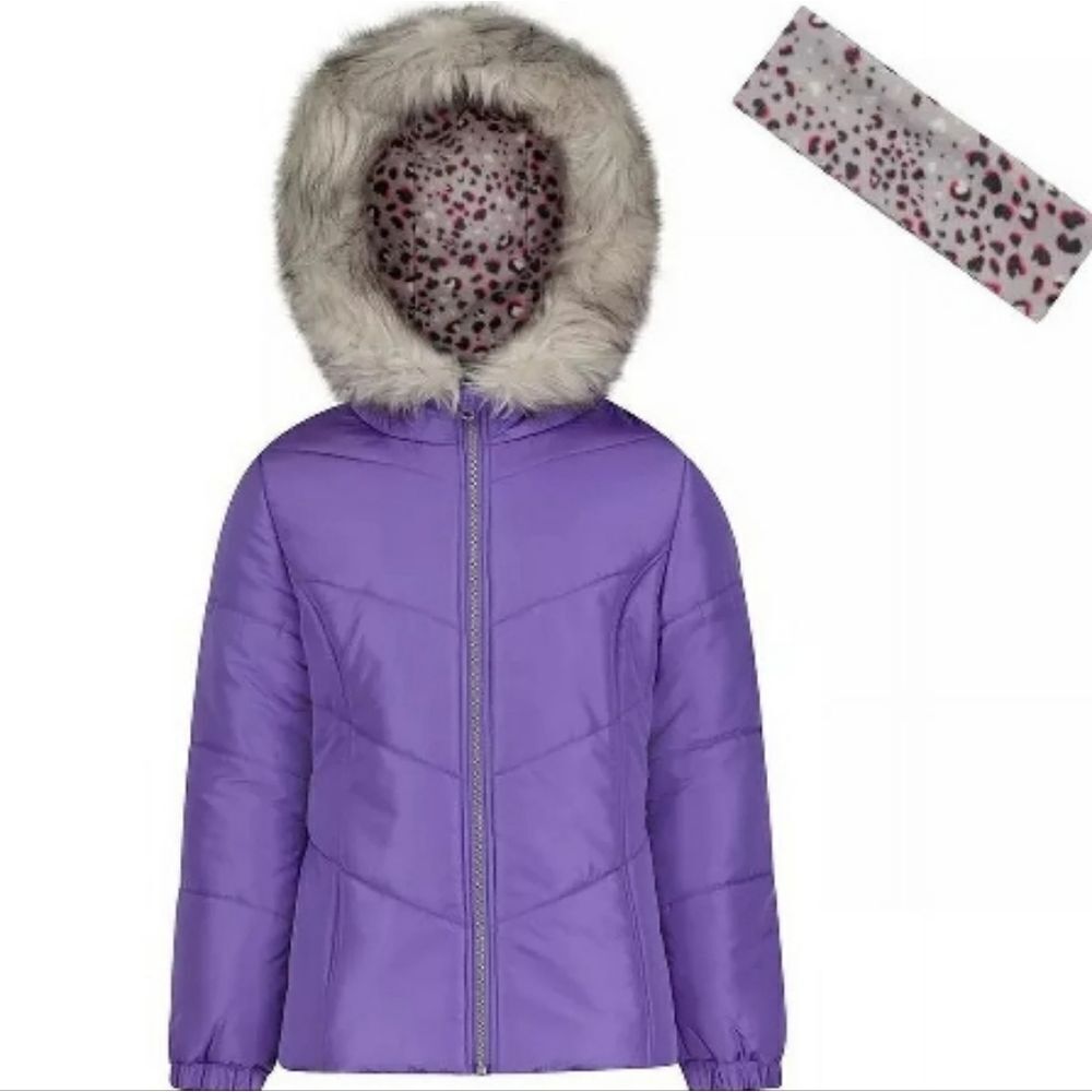 Weather Tamer Girls Purple Coat with Faux Fur Trim & Matching Headband